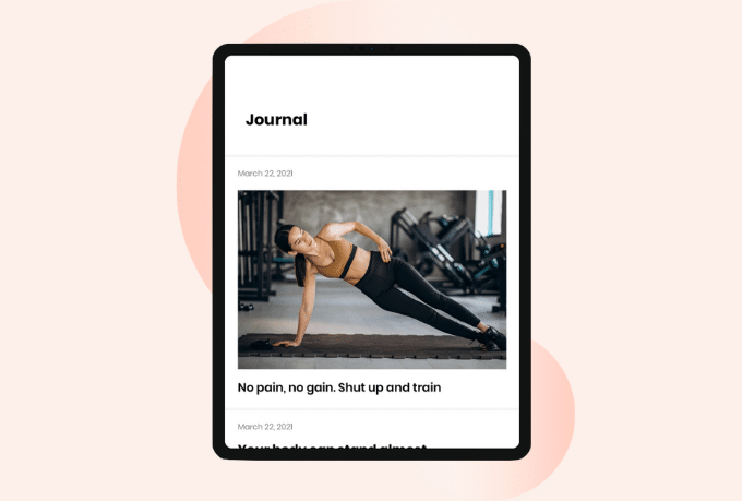 Tablet mockup of the Journal page on the Kind Fitness software application.