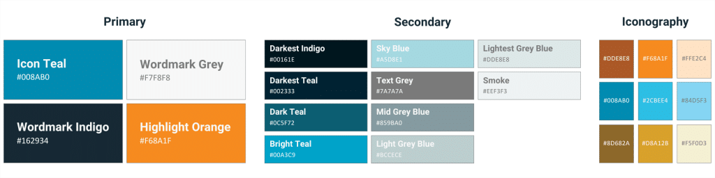 Colour palette section in a brand style guide highlighting primary, secondary, and iconography colours